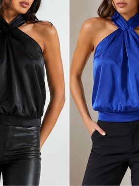 Express Satin Twist-Neck Halter Tops – Black & Royal Blue (2 Tops)
